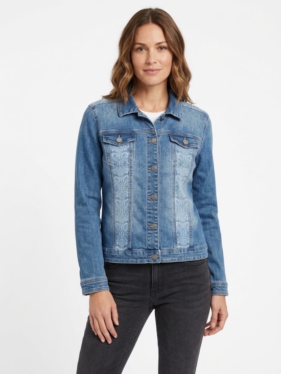 dressbarn Jackets & Blazers - Dress Barn Blue Denim Jacket with Printed Front Panels